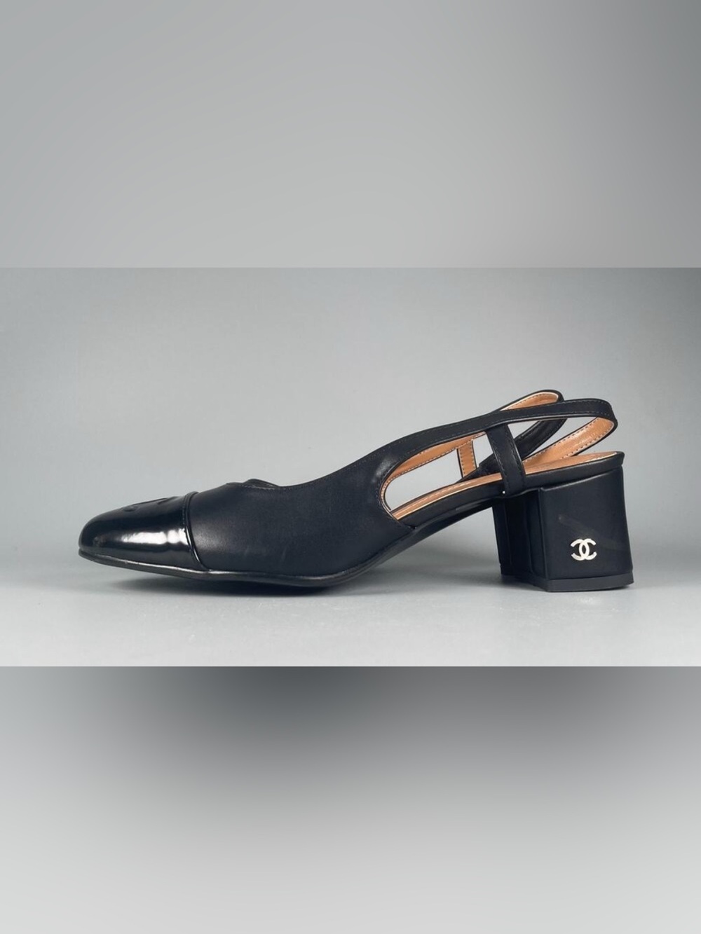 CHANEL Black Leather Slingback Mules with Patent Cap Toe - Picture 2 of 2